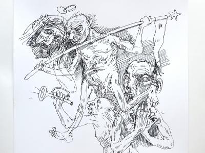 MAREK ORMANDÍK, NONSENSE VIII., TUŠ (PIERKO) KRESBA NA PAPIERI, 30X30 CM, 420,- EUR