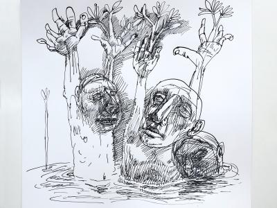 MAREK ORMANDÍK, NONSENSE III., TUŠ (PIERKO) KRESBA NA PAPIERI, 30X30 CM, 420,- EUR