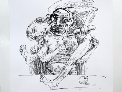 MAREK ORMANDÍK, NONSENSE IX., TUŠ (PIERKO) KRESBA NA PAPIERI, 30X30 CM, 420,- EUR