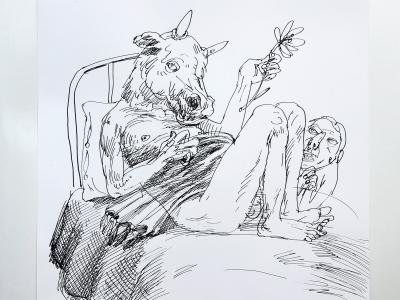 MAREK ORMANDÍK, NONSENSE VI., TUŠ (PIERKO) KRESBA NA PAPIERI, 30X30 CM, 420,- EUR