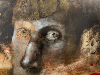 MABE, MYSLITEĽ, olej na papieri, rozmer obrazu 84x62, vonkajší rozmer rámu 118,8x98,5 cm, rok 2013, signovaný, CENA 3950 EUR