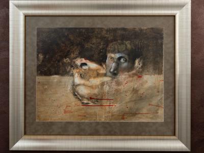 MABE, MYSLITEĽ, olej na papieri, rozmer obrazu 84x62, vonkajší rozmer rámu 118,8x98,5 cm, rok 2013, signovaný, CENA 3950 EUR