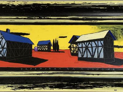 Boris Jirků, Vzpomínka na Alsasko, olej na dreve, 85x35 cm, 2900 EUR