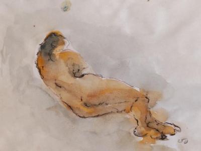 Reclining nude,  akryl, pencil on paper, 21x24 cm, 120 EUR