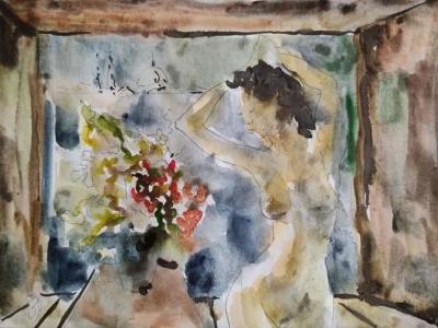 Akt pri váze, akvarel, ceruza na papieri, 29x21 cm, 150 EUR