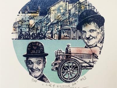 Marián Komáček, Laurel & Hardy visiting Bratislava,   21x25 cm, litografia, 2023, Ex Libris JAJU,  70 EUR