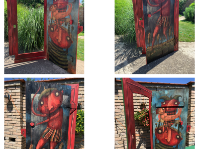 Fero Lipták, Obojstranná maľba na drevených dverách Pragma, cca 80x170 cm, 5000 Eur