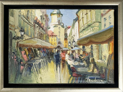 Mykola Bodnar, Bratislava Michalská Kaviarne, olej na plátne, 35x26 cm, 310 EUR 