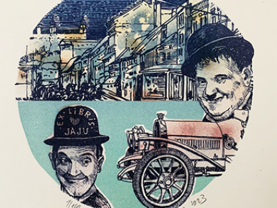 Marián Komáček, Laurel & Hardy visiting Bratislava,   21x25 cm, litografia, 2023, Ex Libris JAJU,  70 EUR
