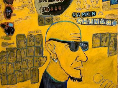 Roman Lazar, Ramón Chunaco. 2020. Akryl, olejový pastel a koláž na plátne, 90X90, 1.400 EUR  