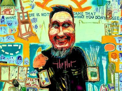 Roman Lazar, Selfportrait. 2020. Akryl, olejový pastel a koláž na plátne. 140 x 140 cm, 2.000 EUR